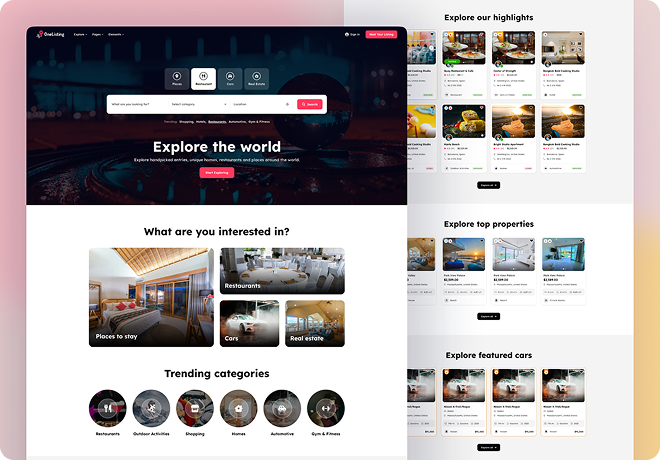 OneListing directory website showing listing categories, properties, and featured cards