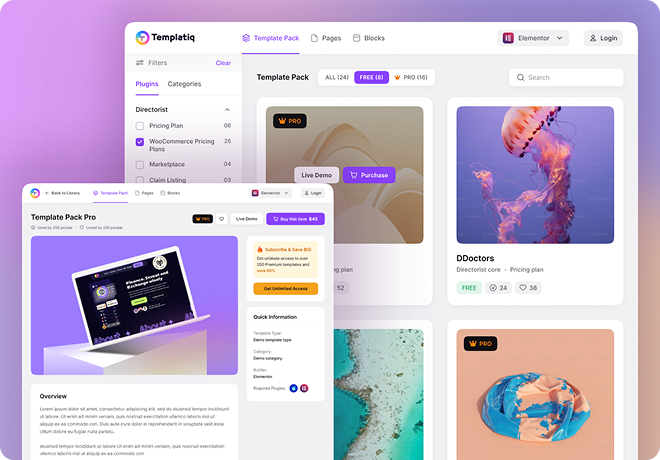 Templatiq template marketplace interface with template cards and plugin details